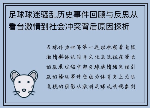 足球球迷骚乱历史事件回顾与反思从看台激情到社会冲突背后原因探析